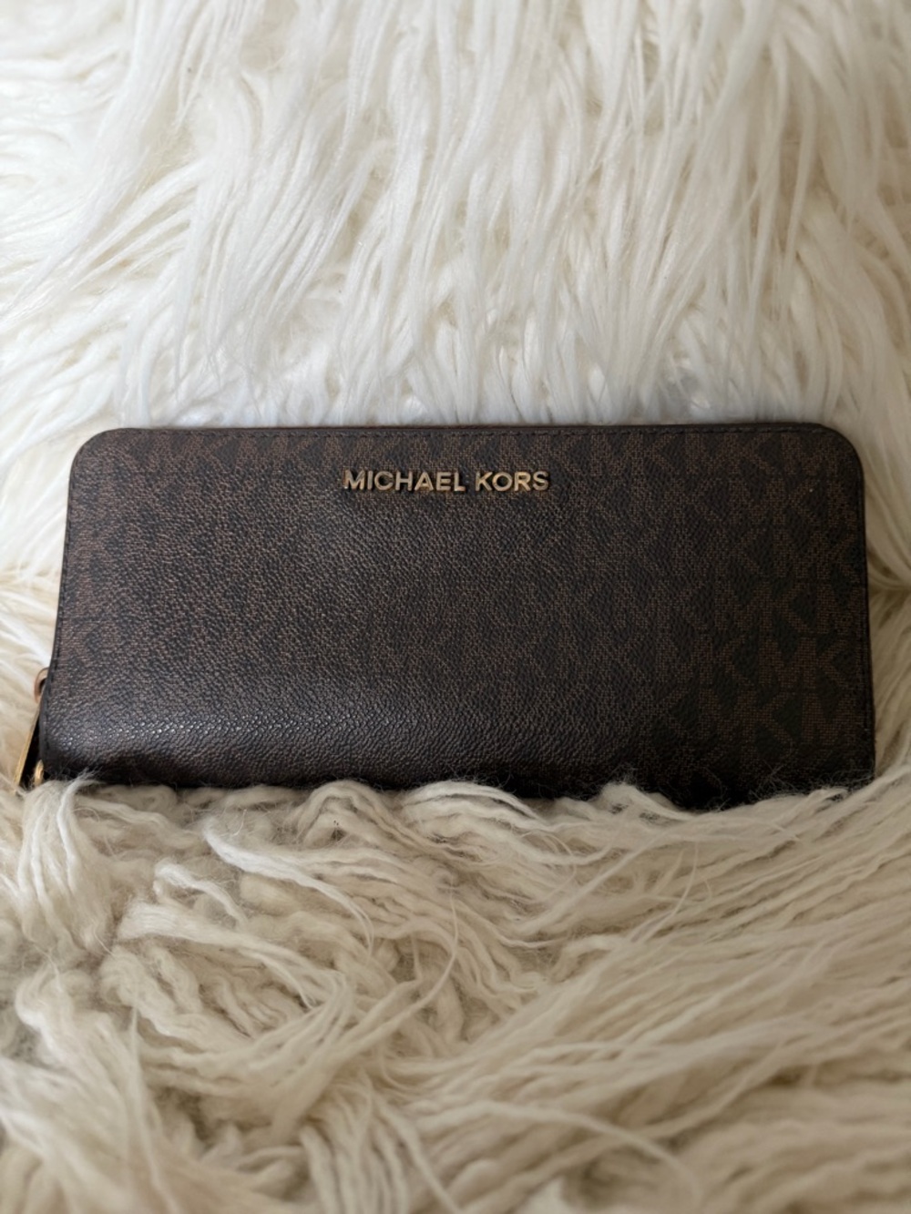 Michael Kors Dark Brown MK Monogram Zip Around Wallet with Gold Logo